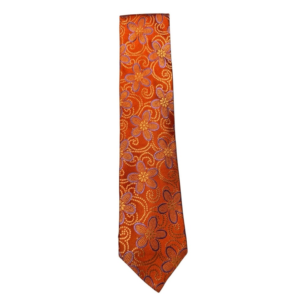 Ted Baker London Mens Silk Necktie Designer Orange Purple Flower Design